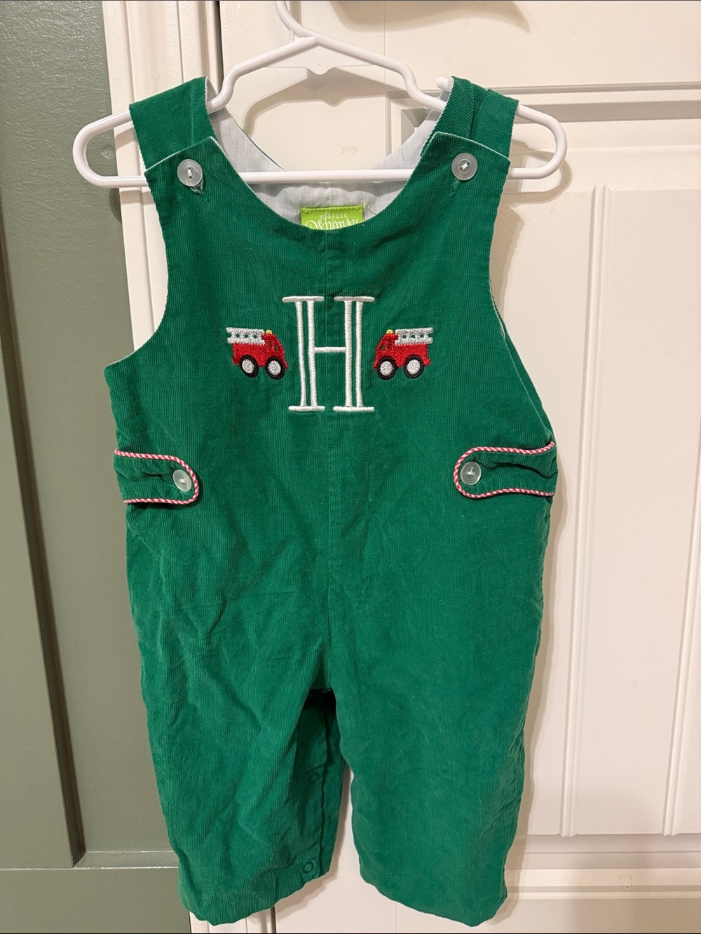 Green Kids Corduroy Overalls with Firetruck Embroidery